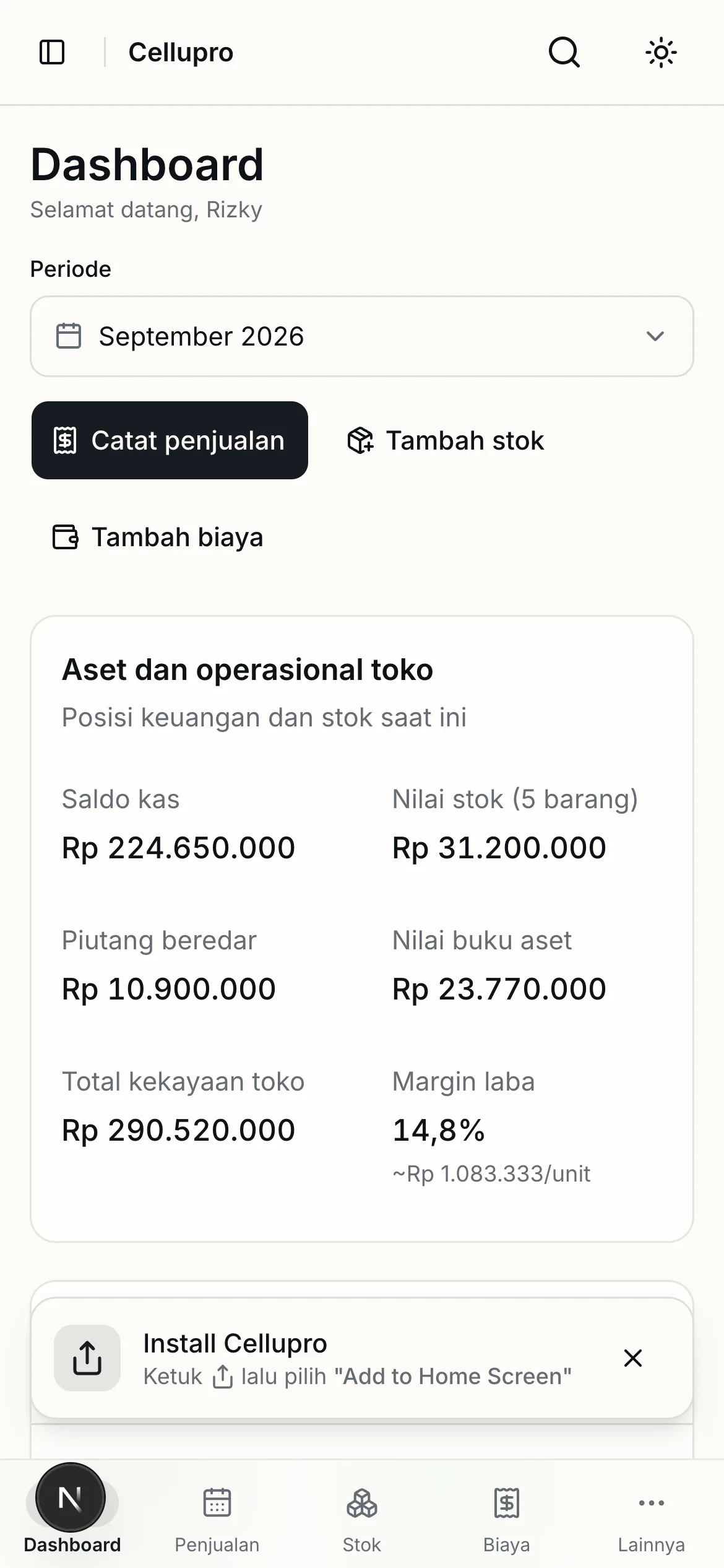 Dashboard Cellupro di layar HP dengan tombol Catat penjualan, Tambah stok, Tambah biaya, kartu posisi keuangan toko, dan banner Install Cellupro untuk memasang aplikasi ke layar utama